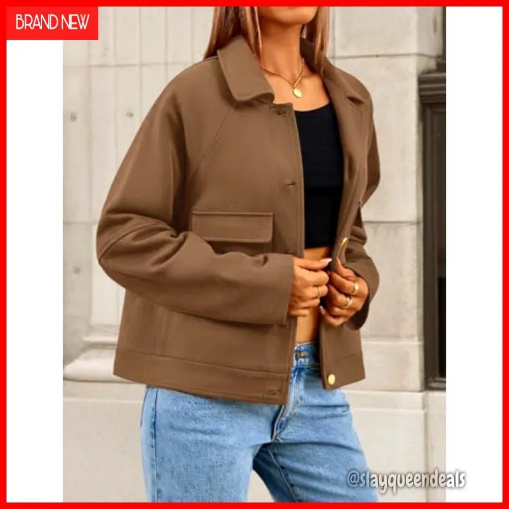 Faux Suede Cropped Jacket Casual Button Down Vintage Shacket - Picture 4 of 6